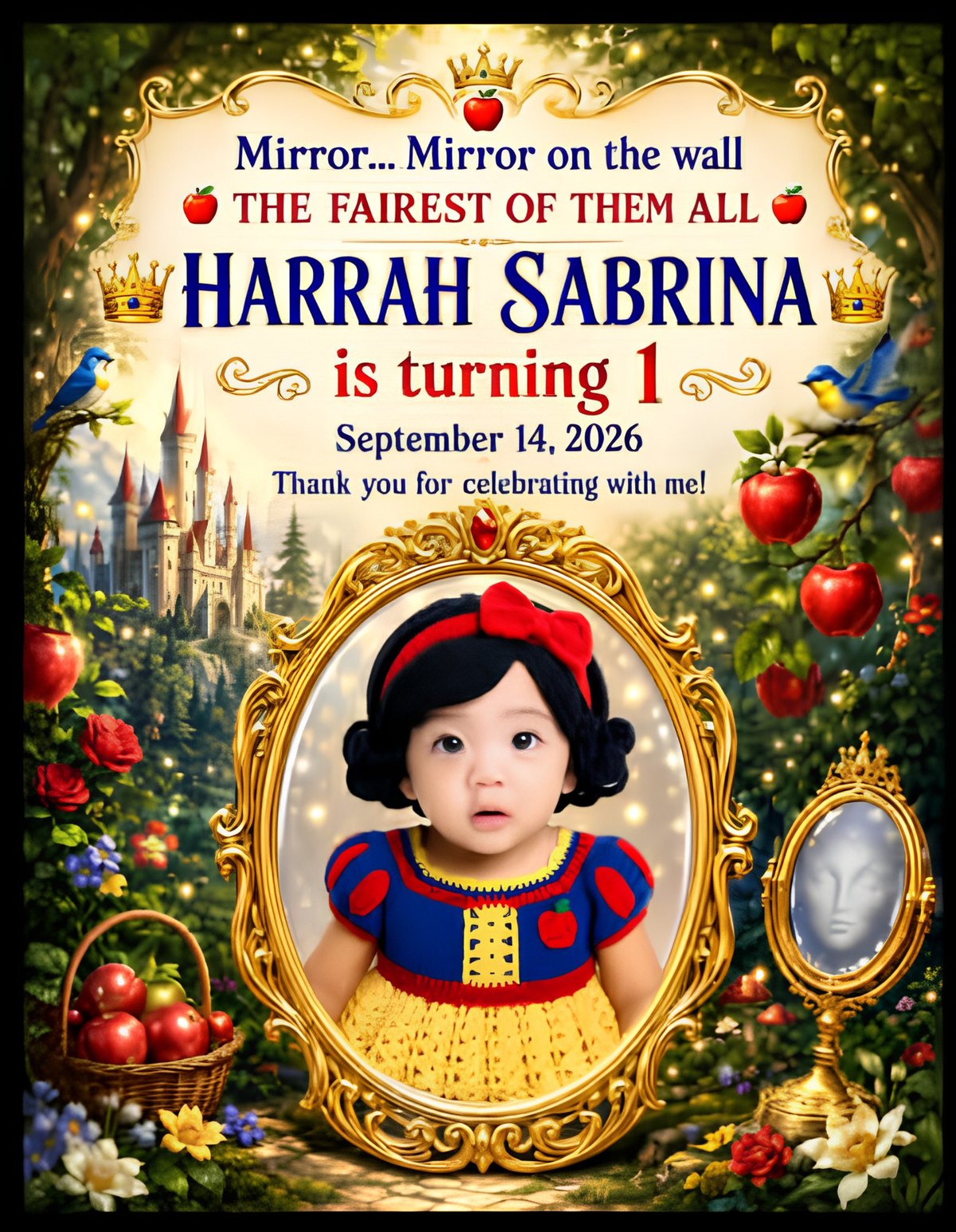Harrah Sabrina in a Snow White dress — Mirror, mirror on the wall, the fairest of them all. Harrah Sabrina is turning 1, September 14, 2026.